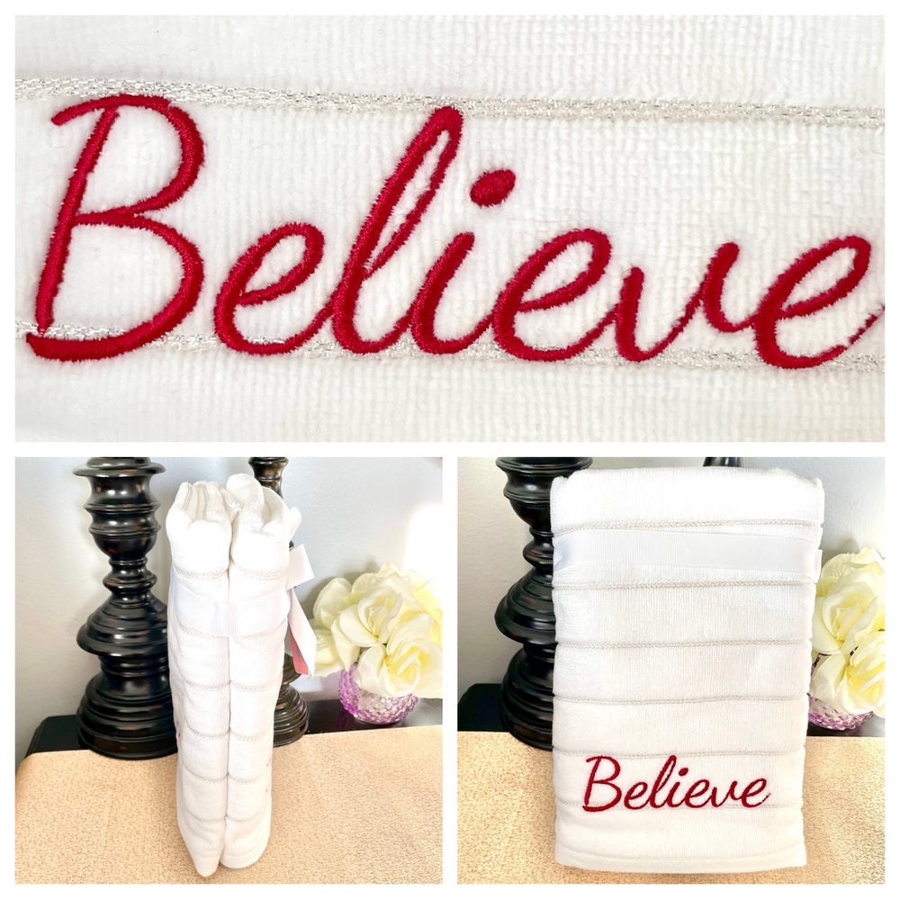 NWT Set of 2 BELIEVE Metallic Hand Towels